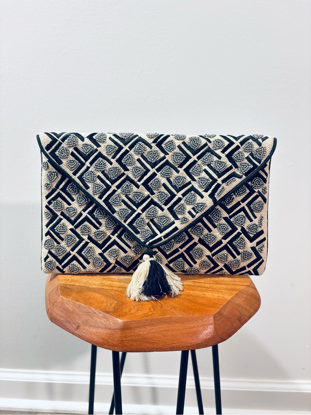 Handcrafted Black & Cream Geometric Tassel Clutch